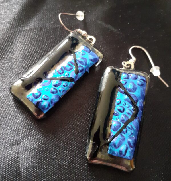 Fused glass earrings in blue dichroic glass and black opaque glass, handmade