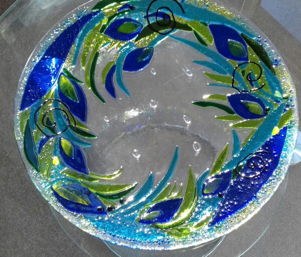 Fused glass dish in blues and greens (peacock tail style) - Image 3