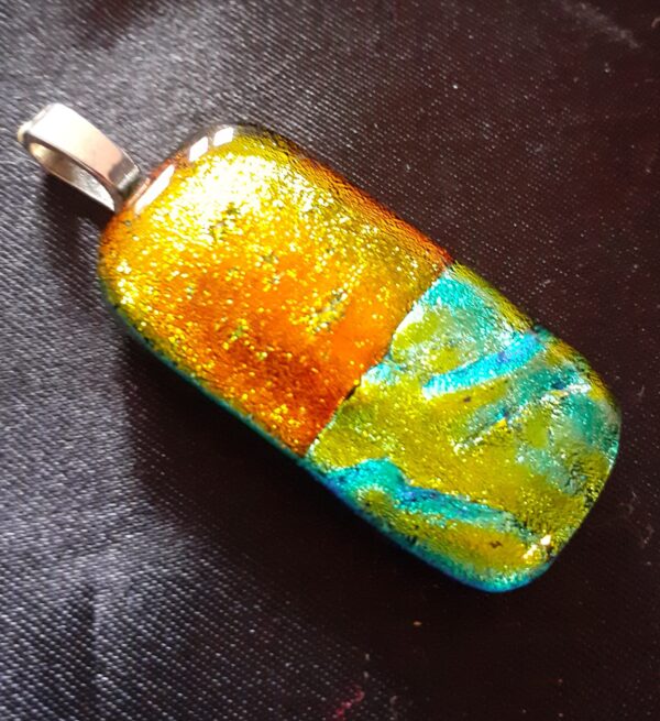 Fused glass pendant in orange and green dichroic glass, handmade - Image 2