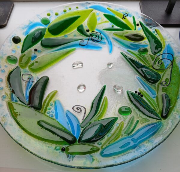 Fused glass dish in greens (peacock tail style) - Image 3