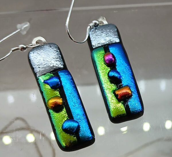 Fused dichroic glass sterling silver hook earrings in silver, blue and green