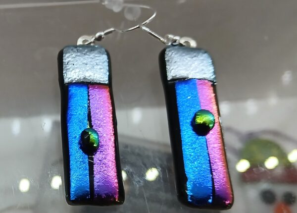 Fused dichroic glass sterling silver hook earrings in silver, blue and pink